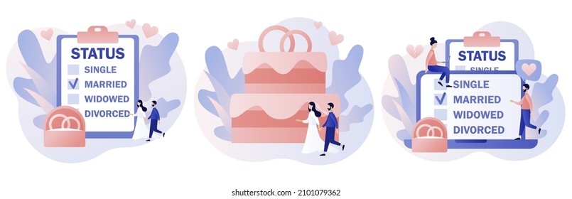 Marital status of couple. Checkbox list with single, married, widowed and divorced options for tiny people. Legal status change. Relationship concept. Modern flat cartoon style. Vector illustration