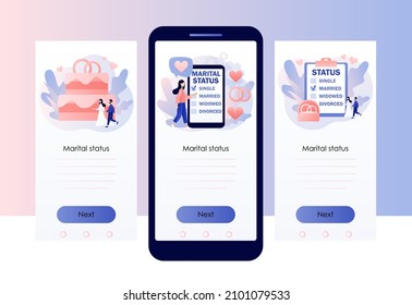 Marital status of couple. Checkbox list with single, married, widowed and divorced options for tiny people. Legal status. Screen template for mobile, smartphone app. Modern flat cartoon style. Vector 