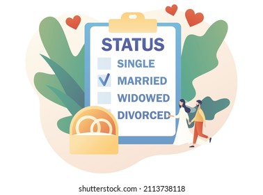 Marital status of couple. Legal status change. Checkbox list with single, married, widowed and divorced options for tiny people. Wedding concept. Modern flat cartoon style. Vector illustration