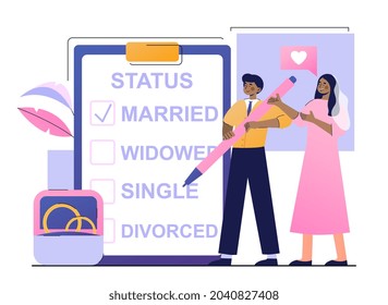 Marital status of couple. Questionnaire for obtaining information about relationships. International partners, married boy and girl. Cartoon flat vector illustration isolated on white background