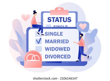 Marital status. Online checkbox list with single, married, widowed and divorced options for tiny people. Legal status change. Relationship concept. Modern flat cartoon style. Vector illustration