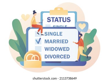 Marital status. Online checkbox list with single, married, widowed and divorced options for tiny people. Legal status change. Relationship concept. Modern flat cartoon style. Vector illustration