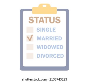 Marital status of people. Checkbox list with single, married, widowed and divorced options. Wedding and relationship concept. Vector flat illustration