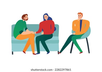 Marital therapy flat concept with couple talking to psychologist vector illustration
