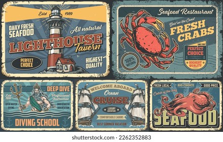 Maritime adventure flyers vintage colorful set with ocean lighthouse for crab and octopus tavern and ships travel company vector illustration