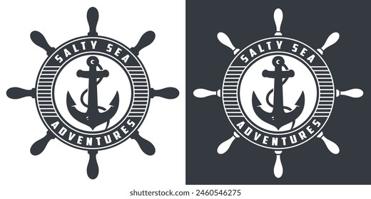 Maritime adventure with nautical. Marine and oceanic elements: a monochrome emblem featuring an anchor. Ship wheel and sea life symbols for sailors. Yachting enthusiasts.