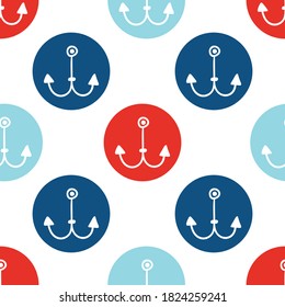 Maritime anchor symbol stripe illustration pattern. Nautical seafaring motif in red blue on white background. Seamless summer scrapbook travel design, masculine shirting or sailor theme gift wrapping