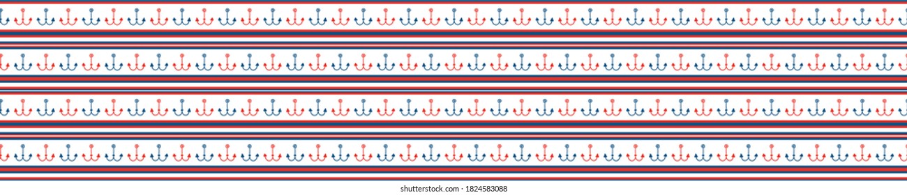 Maritime anchor symbol stripe illustration pattern. Nautical seafaring border in red blue on white background. Seamless summer scrapbook travel design, masculine shirting or sailor theme gift wrapping