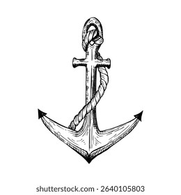 A maritime anchor wrapped in a thick rope. Black and white hand drawn vector illustration. Graphic sketch in line art style. Isolated on white background. Ideal for marine or vintage themed designs.