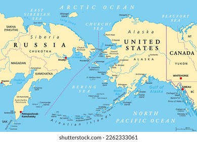 Límite marítimo entre Rusia y Estados Unidos, mapa político. Península de Chukchi del Lejano Oriente de Rusia y Península de Alaska, separada por el estrecho de Bering, entre el Pacífico y el Océano Ártico.