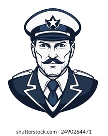 Capitán Marítimo de barco con gorra y bigote. Estampilla náutica vintage, estilo tatuaje. Ideal para emblema o logotipo.