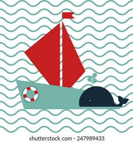 Maritime card with a whale and a ship
