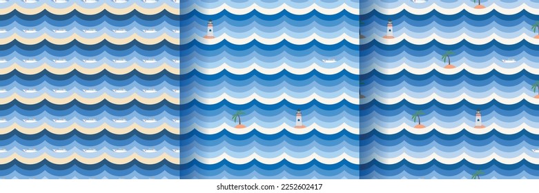 dibujos animados marítimos sin costura, ambientados con un barco , una isla con palmera y un vector faro. Caricatura de dibujo infantil