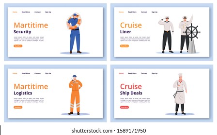 Maritime Characters Landing Page Vector Templates Set. Marine Security Website Interface Idea With Flat Illustrations. Logistics Ideas Homepage Layout. Cruise Deals Web Banner, Webpage Cartoon Concept