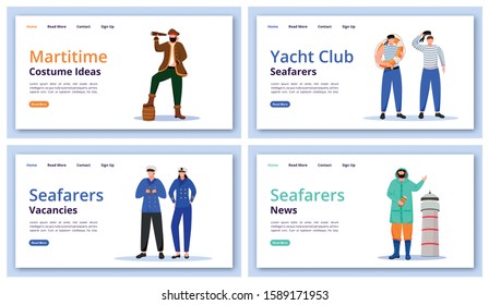 Maritime characters landing page vector templates set. Marine costumes website interface idea, flat illustrations. Yacht club ideas homepage layout. Seafarers news web banner, webpage cartoon concept