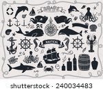 Maritime Clip Art - Set of nautical icons and design elements, including pirate flag, ship wheel, seahorse, sailing boats, octopus, seashells, whale, shark and dolphin; black and white
