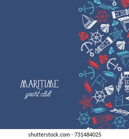 Maritime colorful yacht club poster divided on two parts where there is  the name of yacht club and coquille, seaweed, stones on the blue background as a sea vector illustration