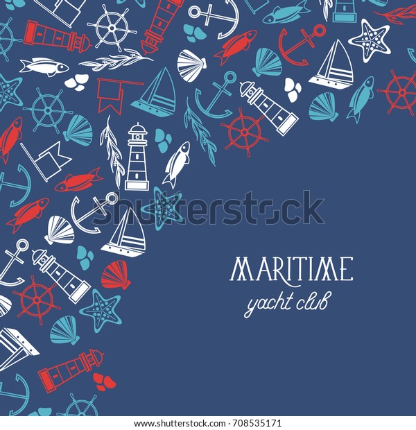 Maritime colorful yacht club poster divided\
on two parts where there is  the name of yacht club and many\
maritime elements such as coquille, seaweed, stones on the blue\
background vector\
illustration