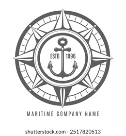 Maritime company logo design. Anchor and windrose isolated vector illustration