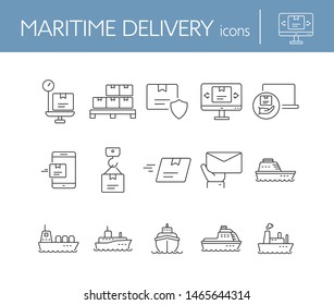 Maritime delivery icons. Set of line icons. Parcel security, storage, ship. Export concept. Vector illustration can be used for topics like shipping, logistics, transportation