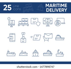 Maritime delivery icons. Set of line icons. Parcel security, storage, ship. Export concept. Vector illustration can be used for topics like shipping, logistics, transportation