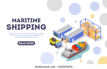 Maritime delivery landing page template. Shipping, logistic, distribution, export, transportation concept for web. Main stages of goods storage and carriage. Vector isometric. Place for text.