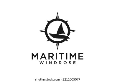 Maritime dhow ship logo design wind rose icon symbol illustration marine anautical sailing ship