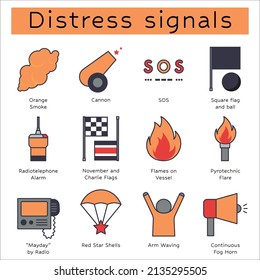 maritime Distress signals sos survival skills vector icon set illustration