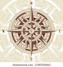 Maritime emblem design, nautical compass, vintage maritime illustration showcasing detailed compass with eight