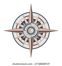 Diseño de emblema marítimo, brújula náutica, ilustración marítima vintage que muestra la brújula detallada con ocho