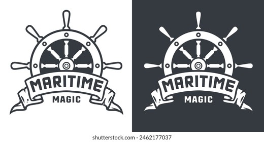 Maritime emblem sea steering ship wheel or nautical ocean helm with maritime magic banner for ocean-themed designs.