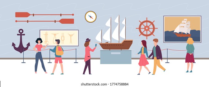 Maritime exhibition in museum or art gallery, visitors men and women looking artworks pictures and sculptures, excursion about ocean and sea, flat cartoon vector horizontal illustration