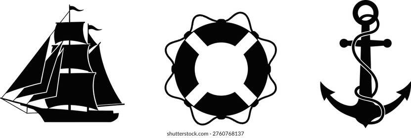 Maritime exploration graphics including tall ship life ring and heavy steel anchor