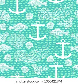 
Maritime hand drawn pattern. Endless ornament for a variety of decorative surfaces. Vector illustration. Anchors, corals, sea animals.
