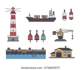 Ikonen des Seehafens mit Leuchtturm, Frachtschiff, Hafengebäuden, Kran, Bojen und Dockelementen. Flache Vektorgrafik, geeignet für Logistik, Schifffahrt, Seeverkehr, nautisches Design und Küstenthemen.