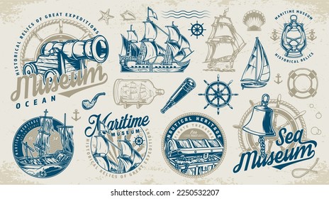 Maritime history stickers set colorful with pirate ships and cannon or helm with spyglass for nautical museum vector illustration