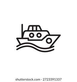 Ícone marítimo com uma poderosa e compacta embarcação rebocadora com uma cabine proeminente e vigias, navegando através das ondas oceânicas, representando manobras portuárias, serviços de reboque de navios e logística.