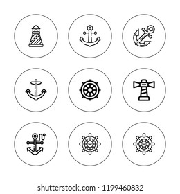 Maritime icon set. collection of 9 outline maritime icons with anchor, helm, lighthouse, rudder icons. editable icons.