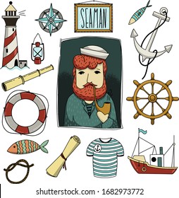 Iconos marítimos establecidos. Objetos con tema marino. Yate, velero, ancla. Marinero ilustrado. Iconos vectoriales editables en fondo blanco. Profesional.