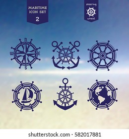 Maritime icons set. Vector sea navigation element. Freehand drawn sailboat symbol. Stylized steering wheel, anchor, rope blue color. Nautical advertisement label background, logo template