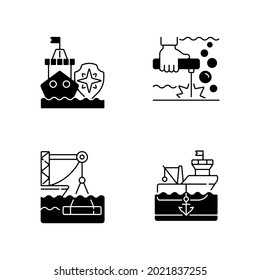 Maritime Industry Black Linear Icons Set. Search And Rescue Provision. Underwater Welding. Marine Construction Industry. Anchored Ship. Glyph Contour Symbols. Vector Isolated Outline Illustrations