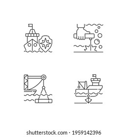 Maritime industry linear icons set. Search and rescue provision. Underwater welding. Anchored ship. Customizable thin line contour symbols. Isolated vector outline illustrations. Editable stroke