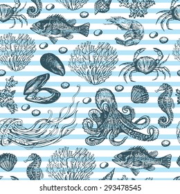 Maritime ink pattern with underwater inhabitants. Hand drawing. Seamless for fabric design, gift wrapping paper and printing and web projects.