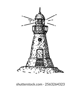 maritime lighthouse hand drawn. coastal tower, lightkeeper lens, signal guide maritime lighthouse vector sketch. isolated black illustration