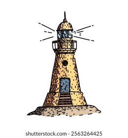 maritime lighthouse hand drawn. coastal tower, lightkeeper lens, signal guide maritime lighthouse vector sketch. isolated color illustration