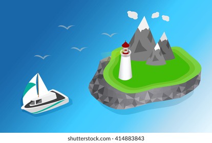 Maritime lighthouse on the island isometric style. The ship is sailing to the lighthouse vector isometric illustration