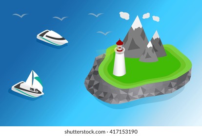 Maritime lighthouse on the island isometric style. The ship is sailing to the lighthouse vector isometric illustration