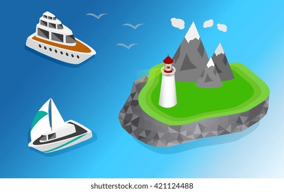 Maritime lighthouse on the island isometric style. The ship is sailing to the lighthouse vector isometric illustration
