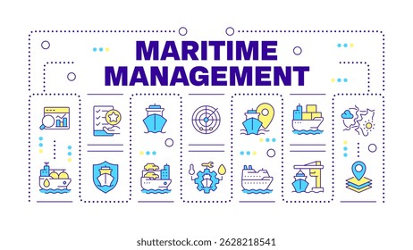 Maritime management word concept isolated on white. Transport vessels control system. Business. Creative illustration banner surrounded by editable line colorful icons
