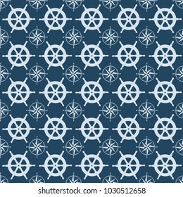 Maritime mood. Seamless nautical pattern with steering wheels and compass, vector illustration